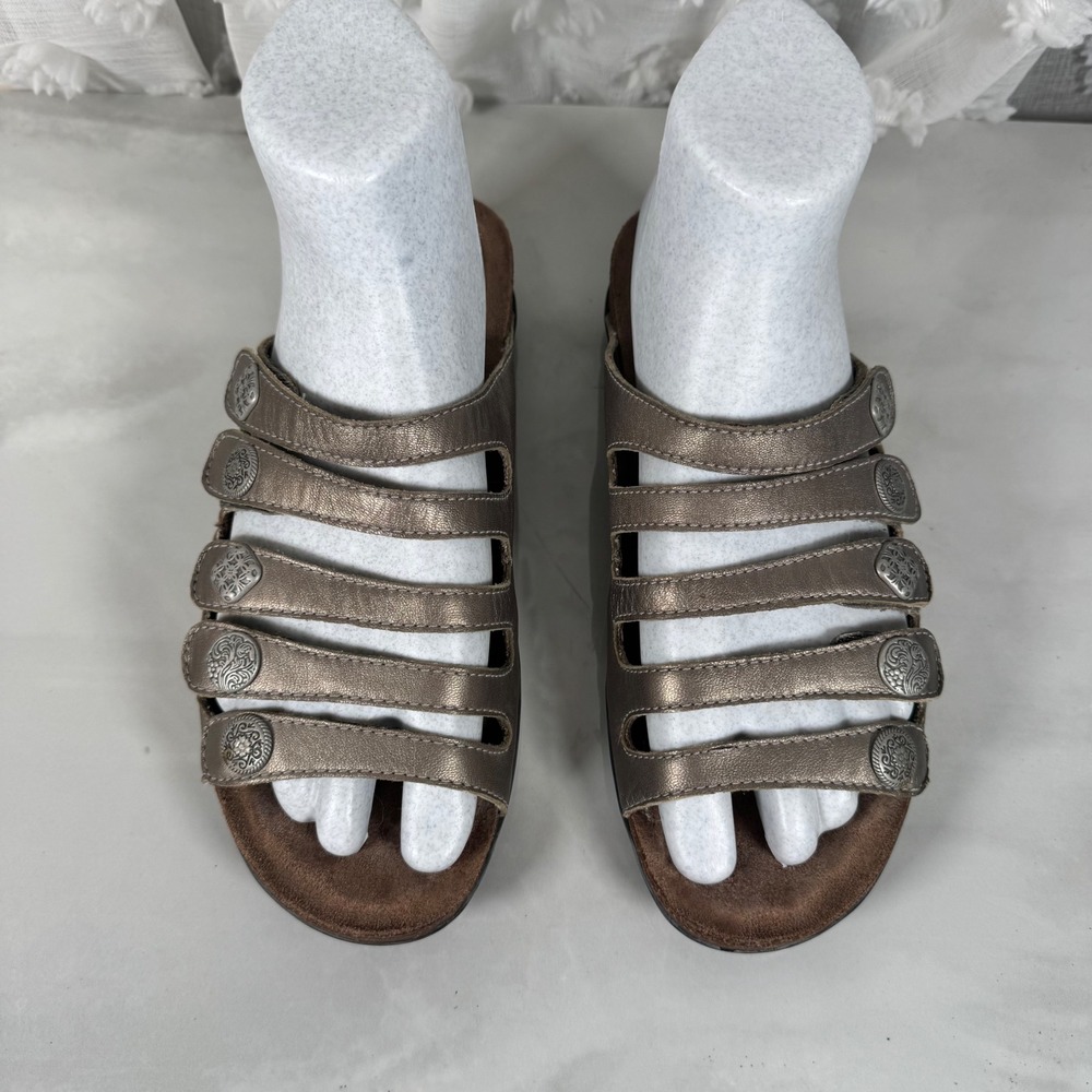 Dansko Metallic Taupe Leather Strappy Slide Sandals Adjustable Concho Comfort 39 - Picture 12 of 15